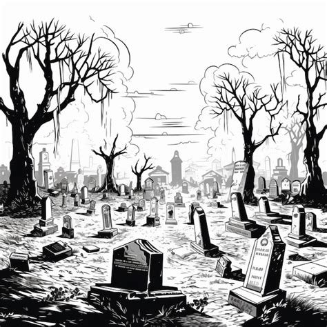 Un Dibujo En Blanco Y Negro De Un Cementerio Con Rboles Y L Pidas