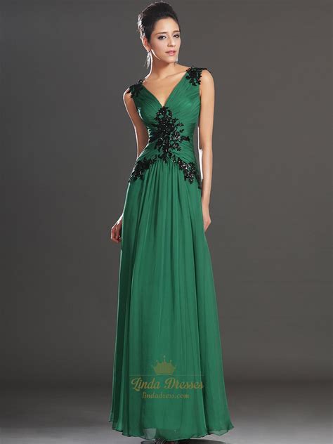 Emerald Green Chiffon V Neck Prom Dresses With Beaded Lace Applique Linda Dress