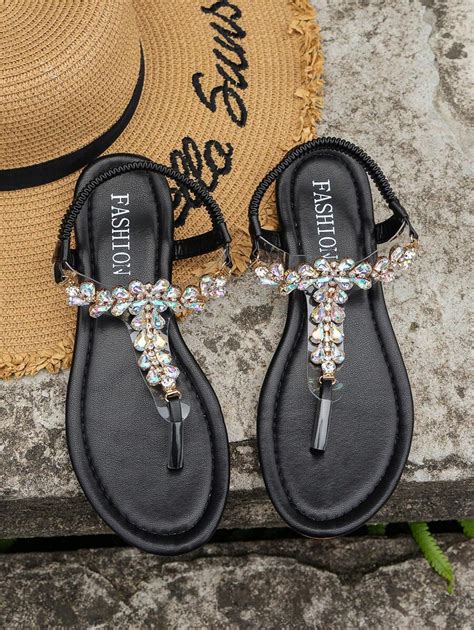 Sandalias Planas Antideslizantes Con Hebilla De Diamante Negro