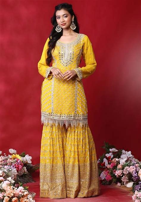 Buy Women Mustard Zari Embroidered Sharara Set With Mirror Bead