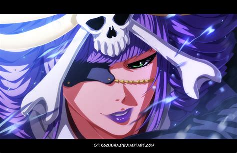 An Anime Character With Purple Hair And White Skull On Her Head