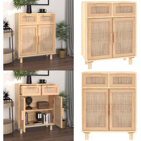 Sideboard Braun 60x30x75 Cm Massivholz Kiefer Und Natur Rattan