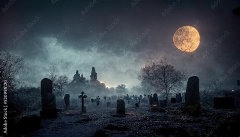 Cemetery At Night With Tombstones Grave Under A Full Moon In A Dark