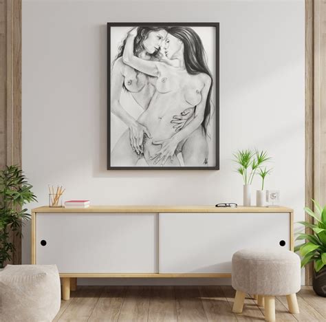 Lesbian Erotic Nude Women Charcoal Drawing Original Fine Art Wall Decor