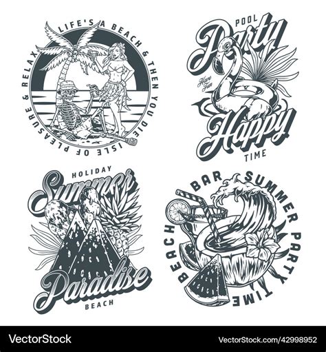 Beach Party Set Elements Monochrome Royalty Free Vector