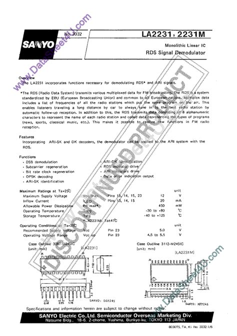 La2231m Datasheet Pdf Rds Signal Demodulator