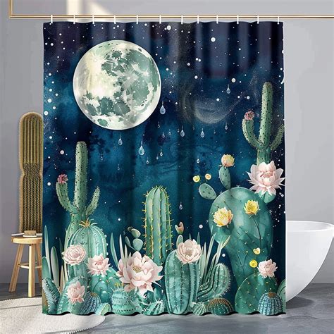 Boho Chic Cactus And Moon Cacti Shower Curtain Set With Vintage Bathtub