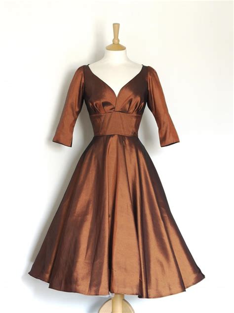 Copper Taffeta Sweetheart Evening Dress With Midi Skirt And 3 4 Sleeves