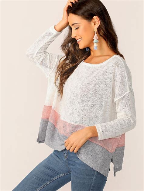 Scoop Neck Split Hem Colorblock Pullover Sweater Pullover Sweater Women Pullover Sweaters