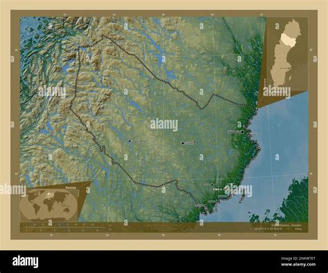 Vasterbotten County Of Sweden Colored Elevation Map With Lakes And