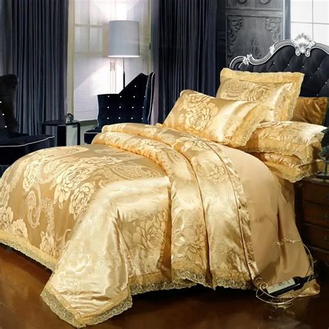 Lace Edge Satin Duvet Cover Set Solid Color Gold Beige Luxury Bedding