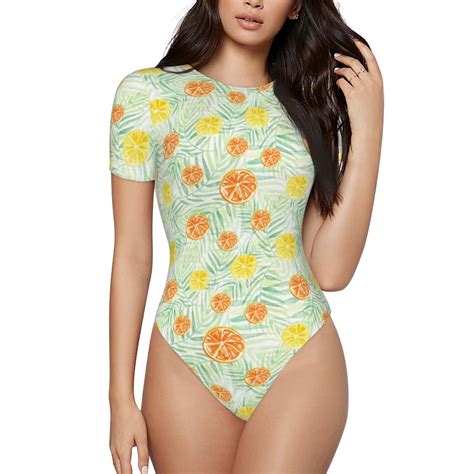 Easygdp Tree Palms Lemon Womens One Piece Swimsuit Slim Fit Crew Neck