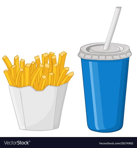 French fries and a drink in blue disposable cup Vector Image