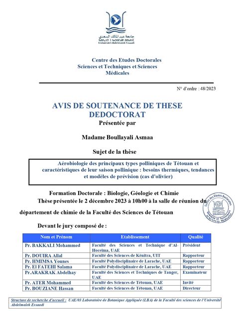 Soutenance De Doctorat En Sciences Mme Boullayali Asmaa FS Tétouan