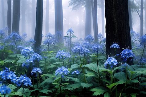 Blue Flowers In A Misty Forest Background, Korea Background Image And ...