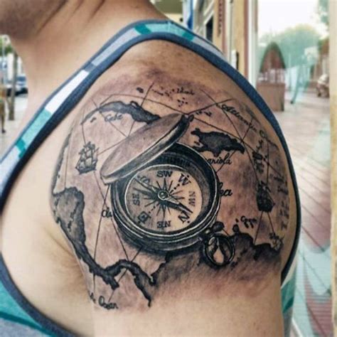 Upper Arm Shoulder Mens World Map Tattoos With Compass Kompass Tattoo