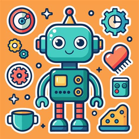 Lindo robot de dibujos animados con engranajes corazón y otros iconos