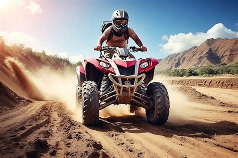 Premium Photo Quad Bike In Dust Cloud Sand Quarry On Background Atv