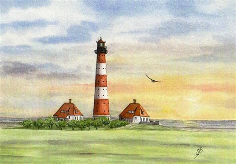 Aquarell DIN A5 Bild Aquarelldruck Leuchtturm Westerhever