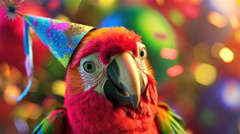 Premium Photo Whimsical Fantasy Parrot In Party Hat With Colorful