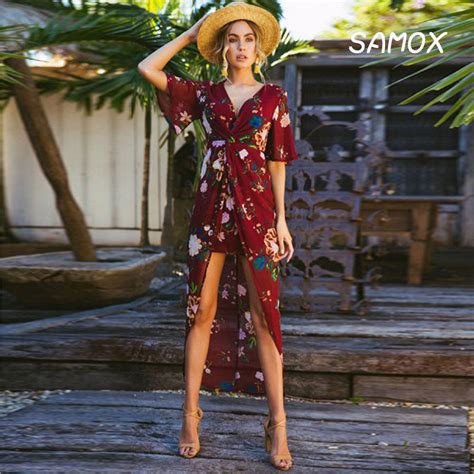 2019 Novo Vestido de Praia Moda Feminina Sexy Decote Em V Impressão