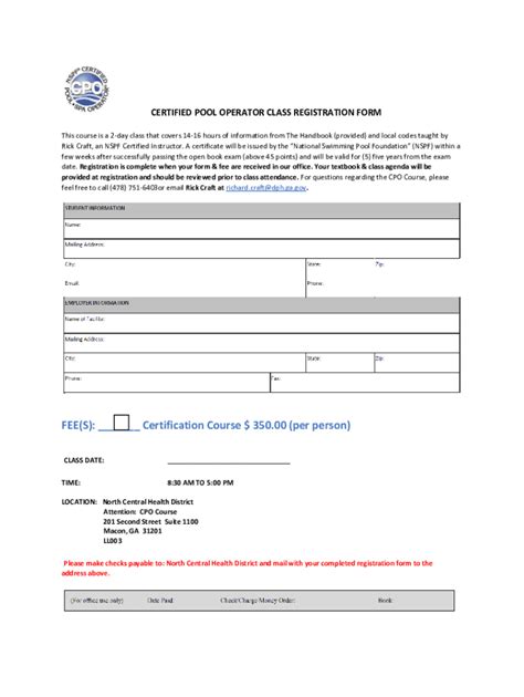 Fillable Online Cpo Trainingcalendarclass Registrationcertified Pool