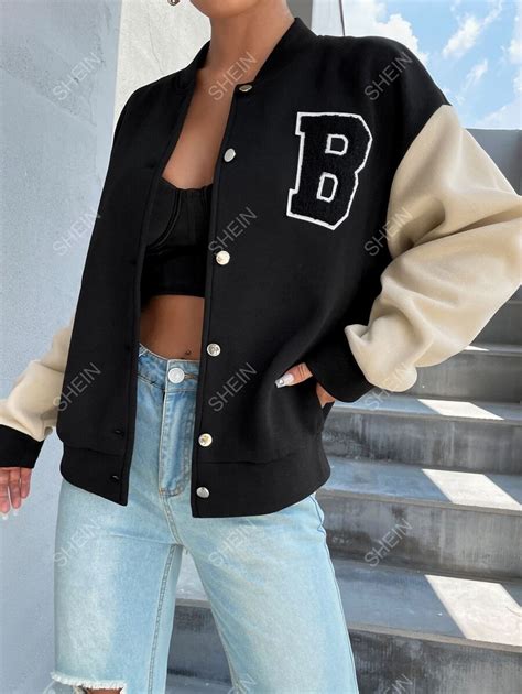 Shein Ezwear Letter Patch Detail Drop Shoulder Two Tone Varsity Jacket