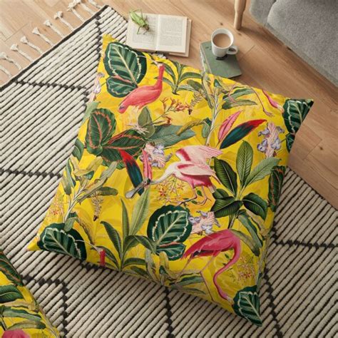 Vintage Yellow Tropical Bird Jungle Garden Floor Pillow For Sale By