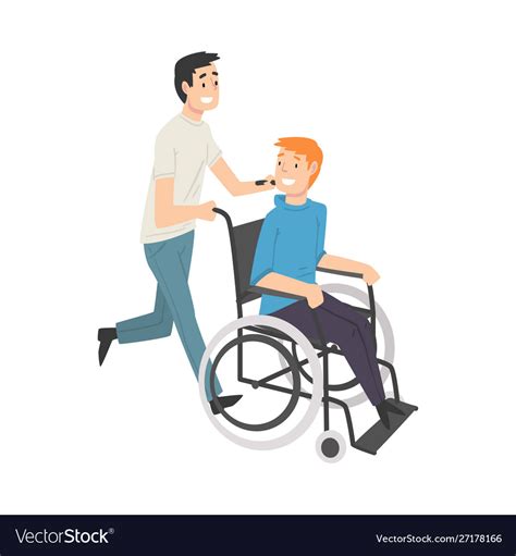 Young Man Pushing Wheelchair With Smiling Disabled