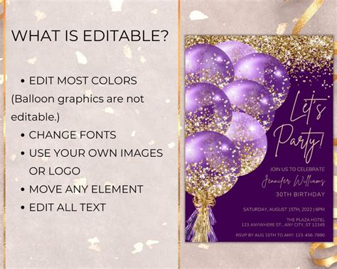 Editable Purple Gold Balloons Birthday Party Invitation Etsy