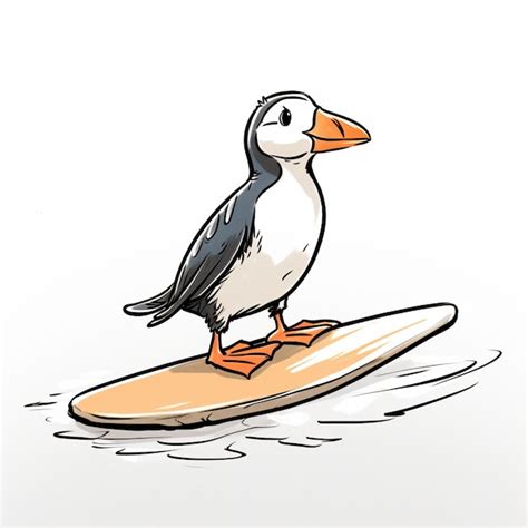 Dessin Animé D un Oiseau Puffin Assis Sur Une Planche De Surf Dans L