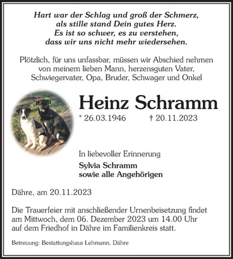 Traueranzeigen Von Heinz Schramm Abschied Nehmen De