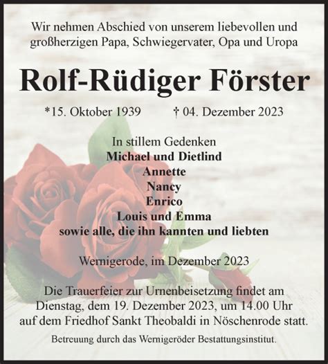 Traueranzeigen Von Rolf R Diger F Rster Abschied Nehmen De