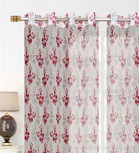 Buy Maroon Floral Polyester Ft Sheer Eyelet Door Curtains Set Of