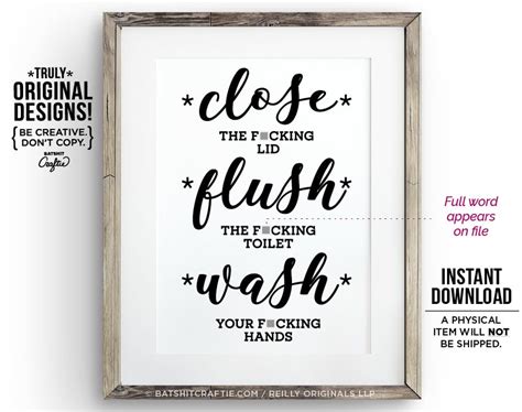 Funny Bathroom Sign Printable Close The Fucking Lid Flush The Toilet Wash Your Hands Humor