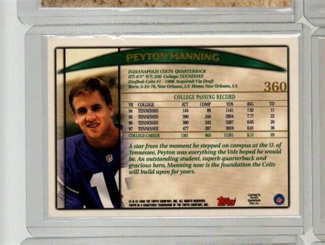 Peyton Manning 1998 Topps Rookie Card RC 360 Indianapolis Colts A7 EBay