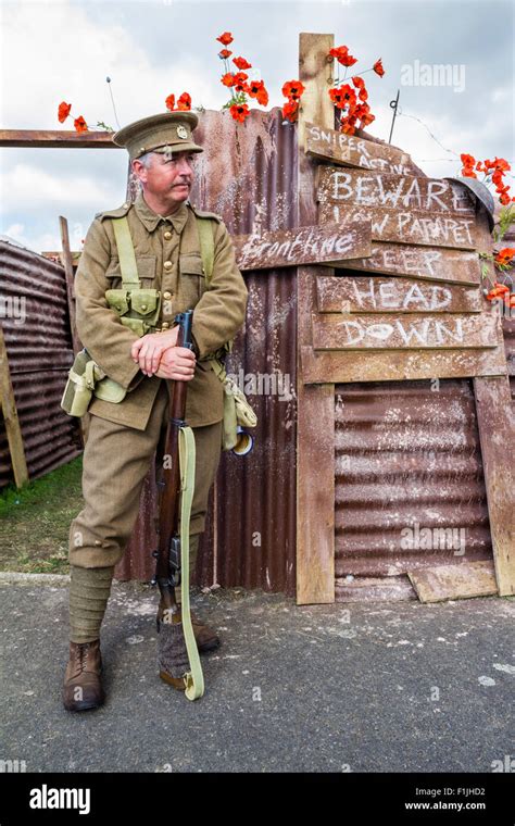 Ww British Trench Reenactment Infantryman In Uniform Stands By