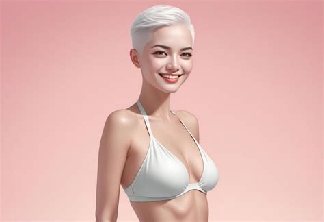 Bella mujer asiática en bikini blanco sobre un fondo rosa Imagen Premium generada con IA