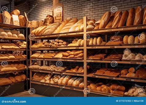 Breads On Supermarket Shelves Different Types Of Bread Loaves Bread Rolls Baguettes Bagels