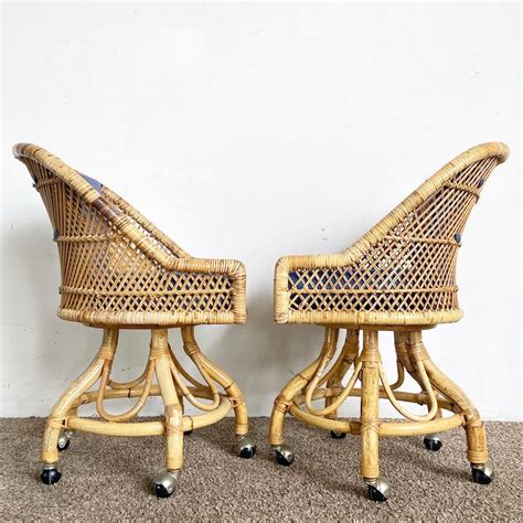 Boho Chic Buri Bamboo Rattan Swivel Dining Chairs On Casters Etsy