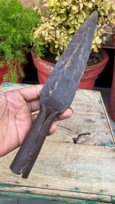 1800s Antique Iron 12 Hand Carved Mughal Period Spear Head Lance