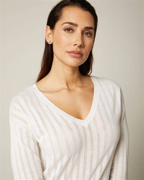 Cashmere Like V Neck Sweater With Pointelle Stitch RW CO