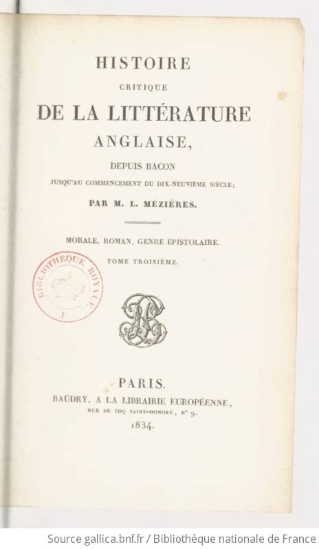 Histoire Critique De La Litt Rature Anglaise Depuis Bacon Jusqu Au