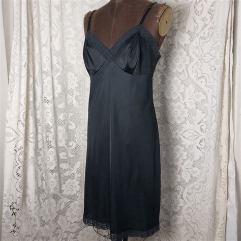 Vanity Fair Intimates And Sleepwear Vintage 97s Vanity Fair Black Lace Trim Satin Dress Slip