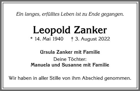 Traueranzeigen Von Leopold Zanker Augsburger Allgemeine Zeitung