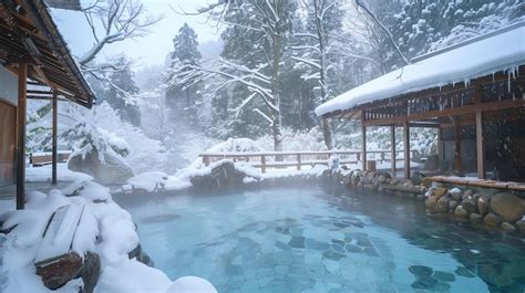 Premium Photo A Tranquil Outdoor Hot Spring Surrounded By Snowcovered Trees And A Wooden Structure