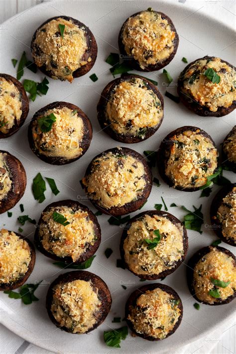 Homemade Garlic Parmesan Stuffed Mushrooms On A Plate Top View Food