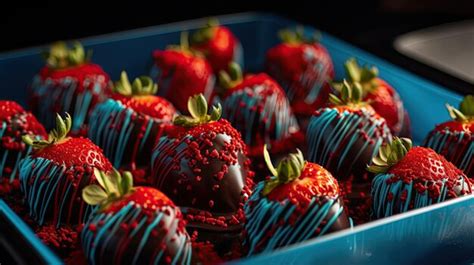 Premium Photo A Blue Container Of Chocolate Covered Strawberries With Red Sprinkles