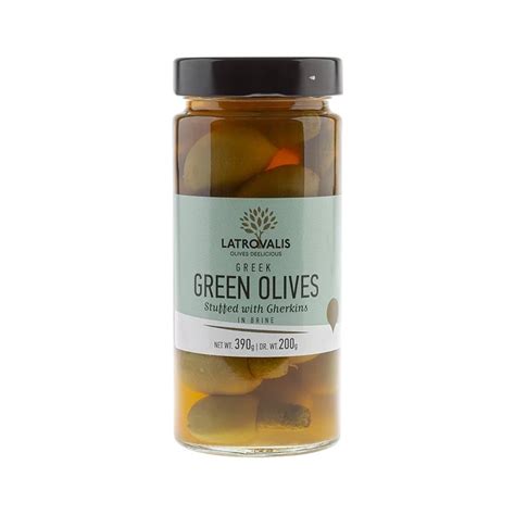 Green Olives Stuffed With Baby Gherkins Packed In A Jar Latrovalis