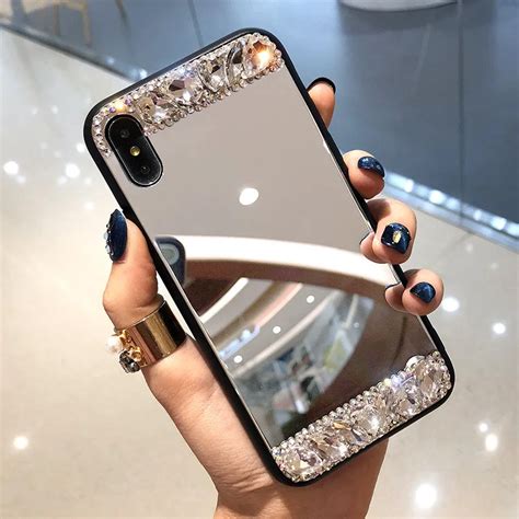 Rhinestone Tempered Glass Mirror Phone Case For IPhone XR Xs Max XR